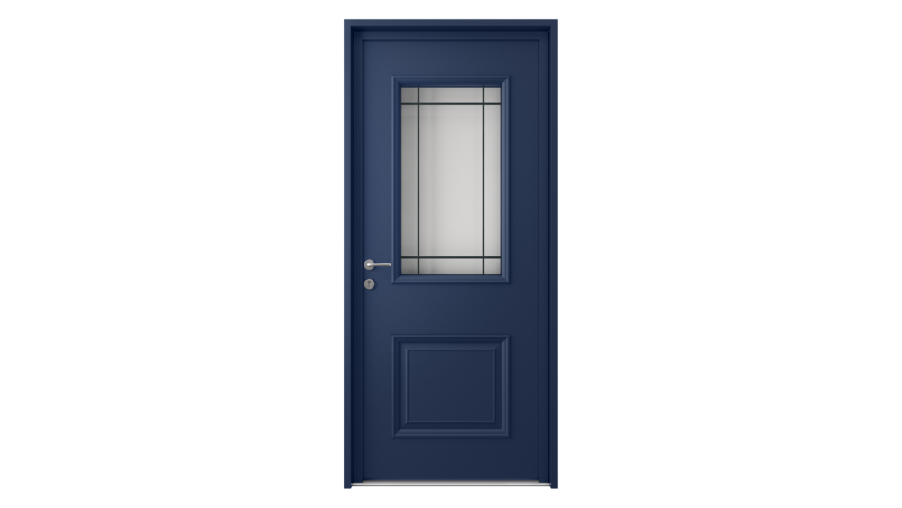 Porte d'entrée aluminium LEMNOS Porte d'entrée de couleur bleu avec une partie vitrée et des décors petits bois
